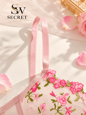 Blossom Charm Floral embroidered mesh gift bag in cream with bright pink blossoms and a long pink satin handle