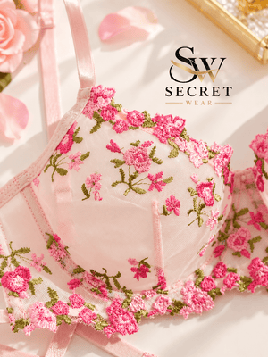Blossom Charm Floral bra in pale pink sheer mesh with bright pink and green floral embroidery, adjustable straps and underwire cups.