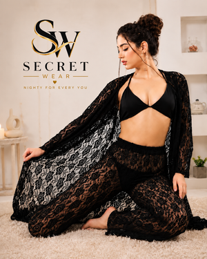 4Pcs Premium Transparent lingerie set in black floral lace, featuring a sheer flowing robe, bralette and matching bottoms