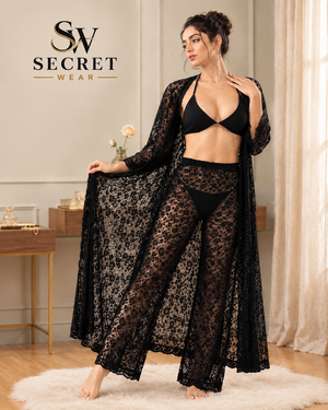 4Pcs Premium Transparent black lingerie set with sheer floral lace robe and wide-leg trousers over a matching bra
