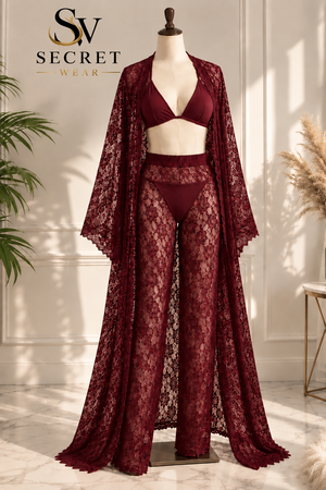 4Pcs Premium Transparent burgundy lingerie set with a lace robe, matching bra and briefs, featuring sheer floral net fabric