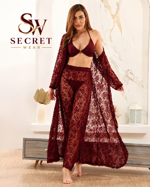 4Pcs Premium Transparent burgundy lace lingerie set with sheer long robe, matching bra and high-waisted briefs