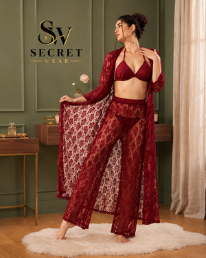 4Pcs Premium Transparent burgundy lace lingerie set with a matching sheer floral robe and wide-leg pants