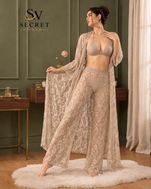 4Pcs Premium Transparent bridal lingerie set in nude sheer net and lace, with bra, briefs and long matching robe