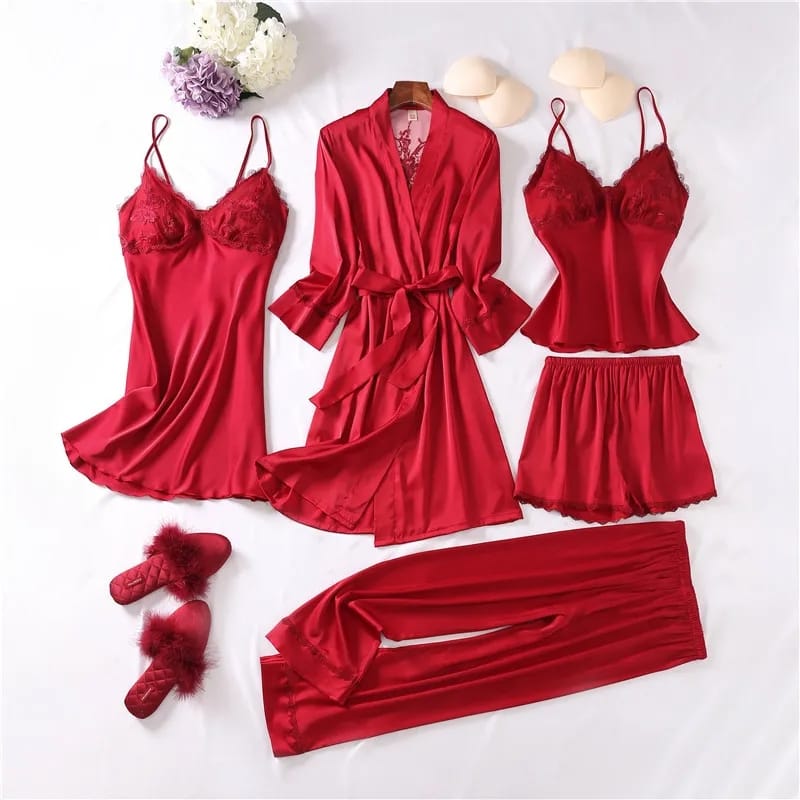 Shezaib 5 pcs Non Padded Pure Silk Pajama Set Cami Top Nightgown Sexy Sleepwear Robe Sets Lace Nightdress