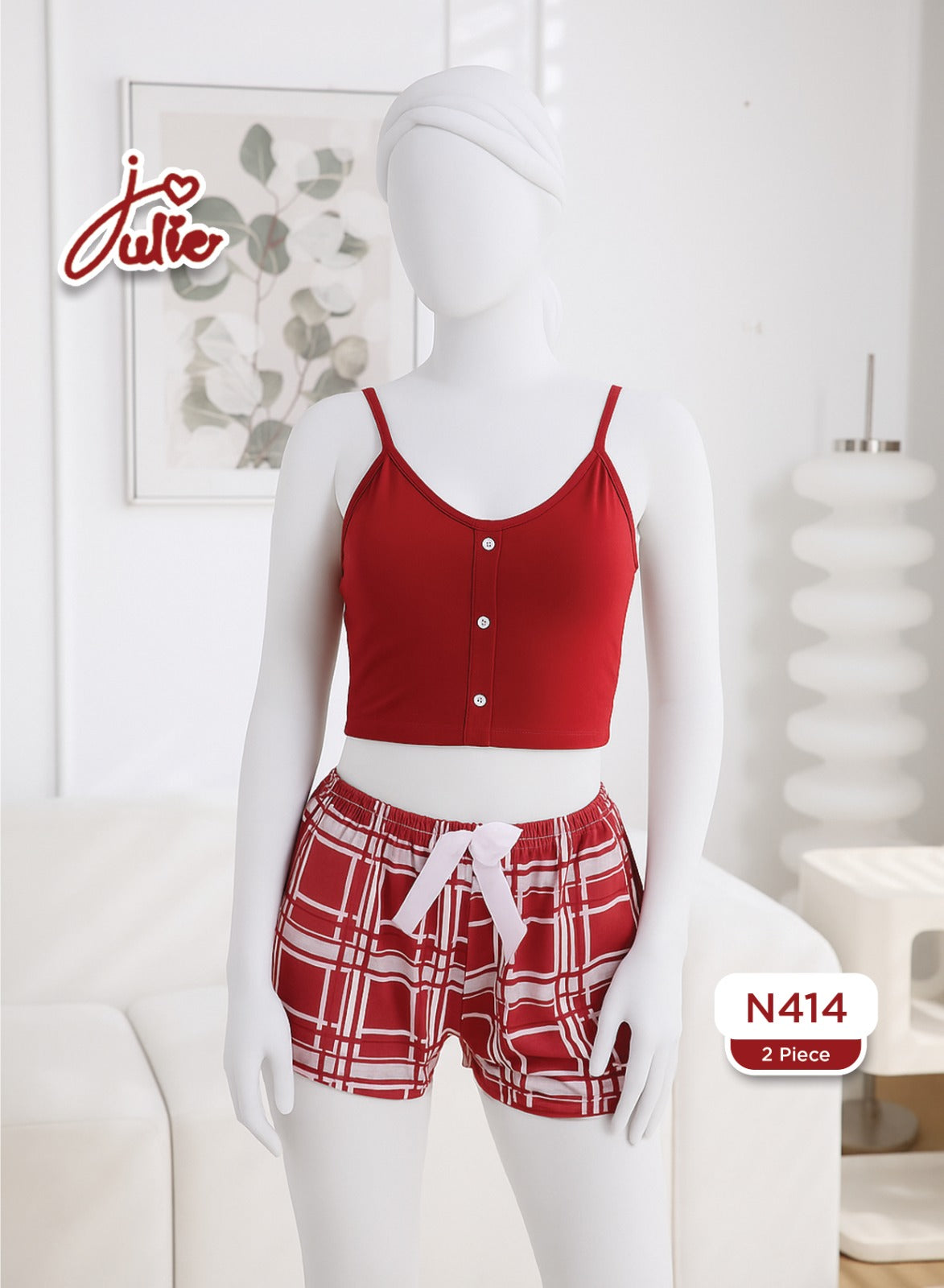 Red Check Cozy Nightwear Set – 2 Piece Soft & Elegant Sleepwear N414