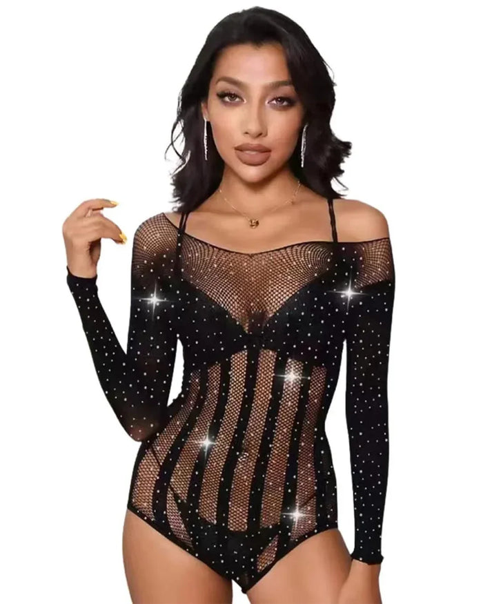 Women's Rhinestone Fishnet Off-Shoulder Bodysuit Lingerie