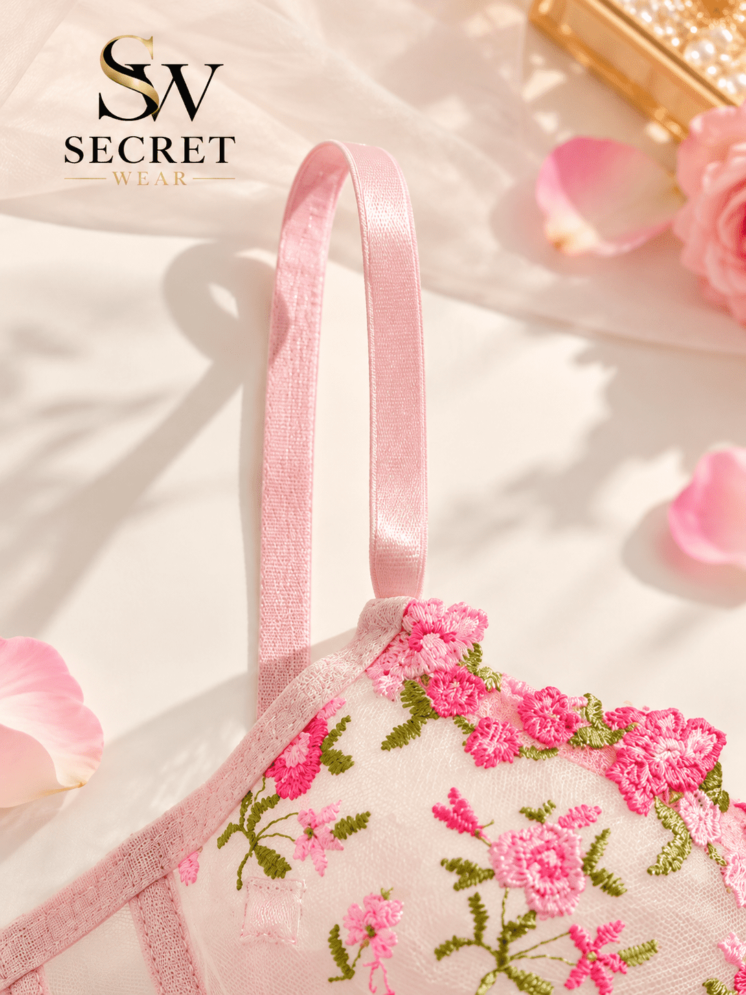Blossom Charm Floral embroidered mesh gift bag in cream with bright pink blossoms and a long pink satin handle