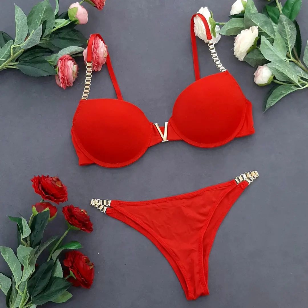 Shezaib High Quality New Style Chain Straps Front Metal V buckel Bra & Panty Set 195