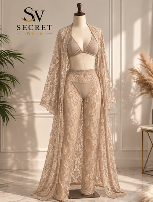 4Pcs Premium Transparent bridal lingerie set in beige lace, featuring a triangle bra, matching briefs and long sheer robe