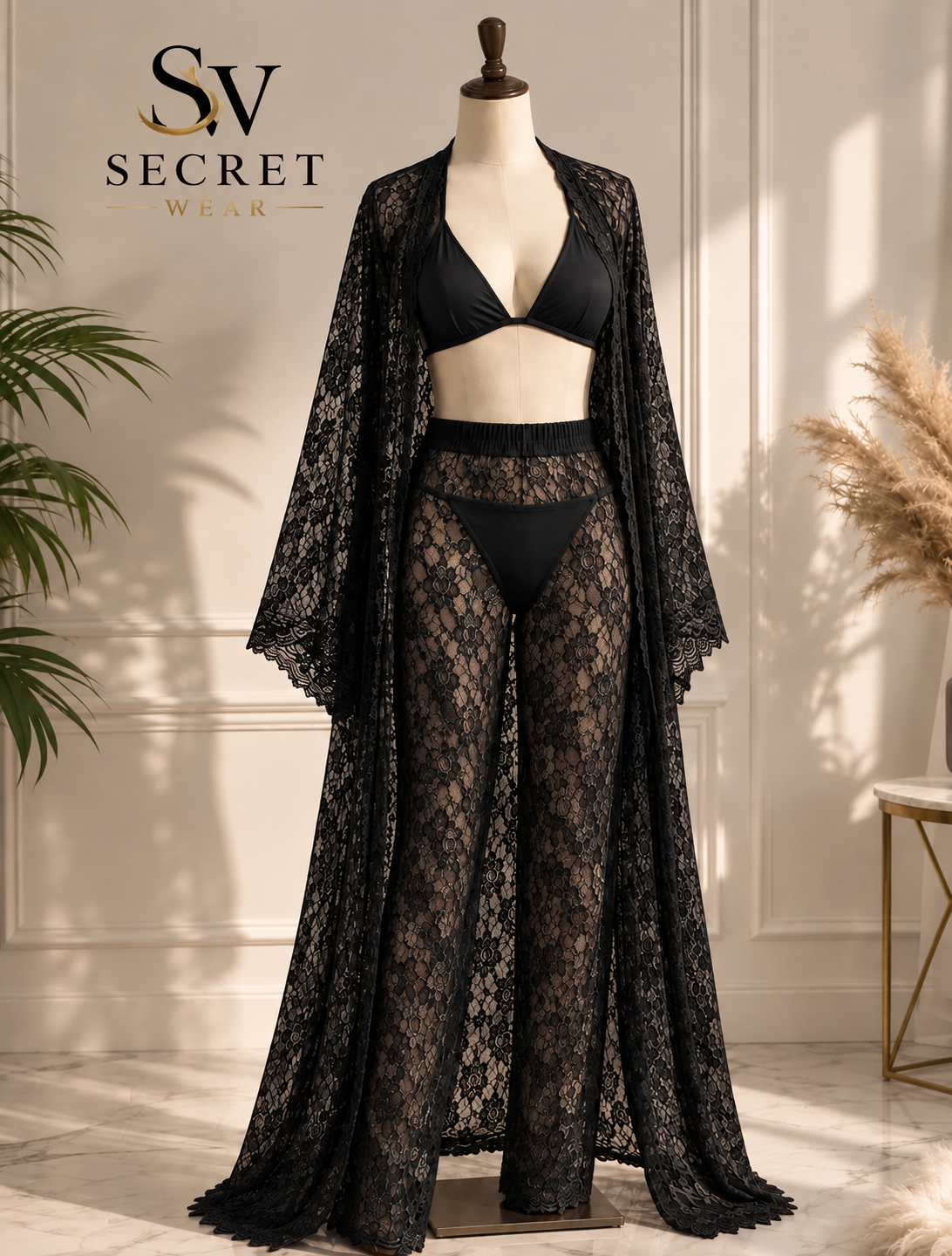 4Pcs Premium Transparent lingerie set with a black lace robe, matching bralette and briefs in sheer floral lace