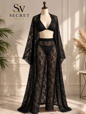 4Pcs Premium Transparent lingerie set with a black lace robe, matching bralette and briefs in sheer floral lace