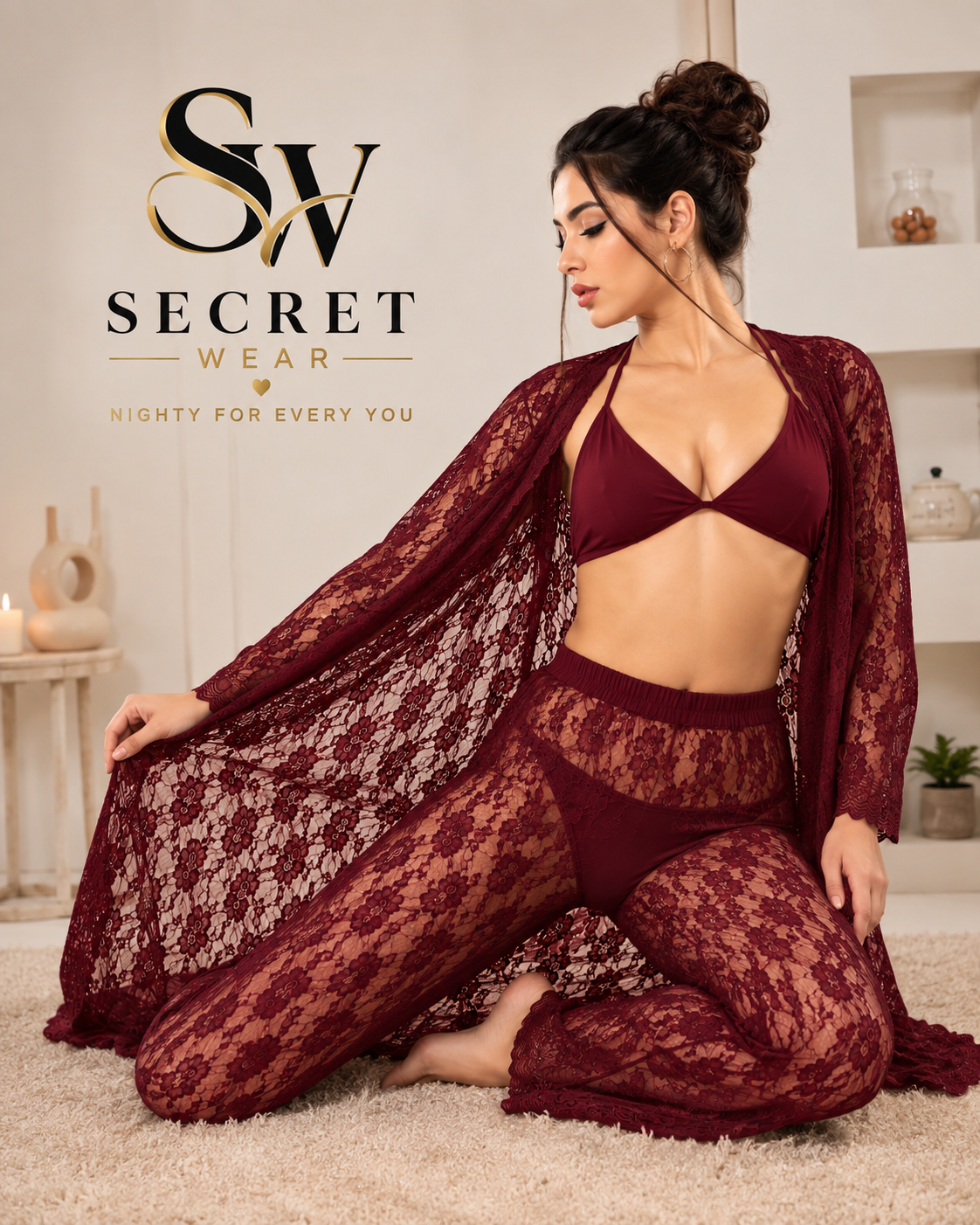 4Pcs Premium Transparent burgundy lingerie set with a lace robe, bra and fitted floral lace pants