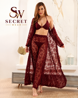 4Pcs Premium Transparent burgundy lace lingerie set with sheer long robe, matching bra and high-waisted briefs