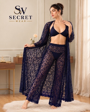 4Pcs Premium Transparent bridal lingerie set in navy blue floral lace, with a long sheer robe, bra and matching pants