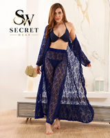 4Pcs Premium Transparent navy blue lingerie set with a lace bra, sheer patterned robe and matching wide-leg pants