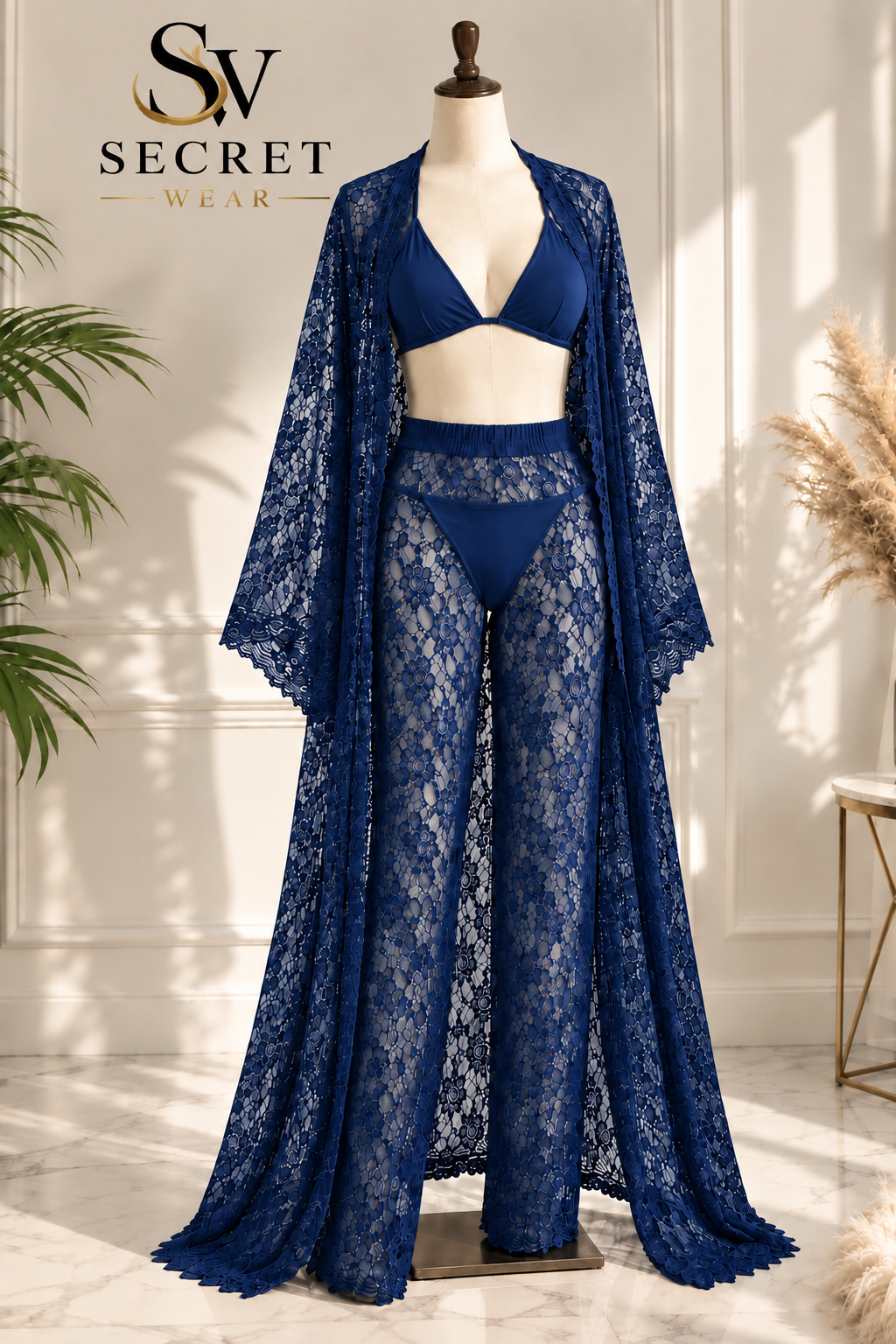4Pcs Premium Transparent bridal lingerie set in navy blue sheer lace, featuring a bra, briefs and long flowing robe
