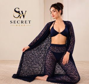 4Pcs Premium Transparent navy lingerie set with a lace robe, bra and sheer patterned pants