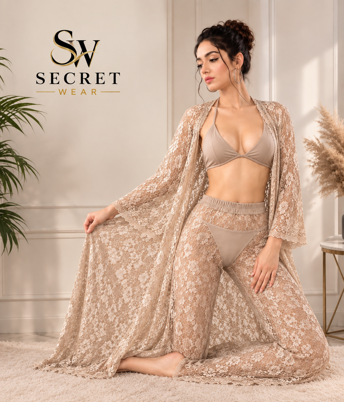 4Pcs Premium Transparent lingerie set in nude beige, featuring a triangle bra, briefs and sheer floral lace robe
