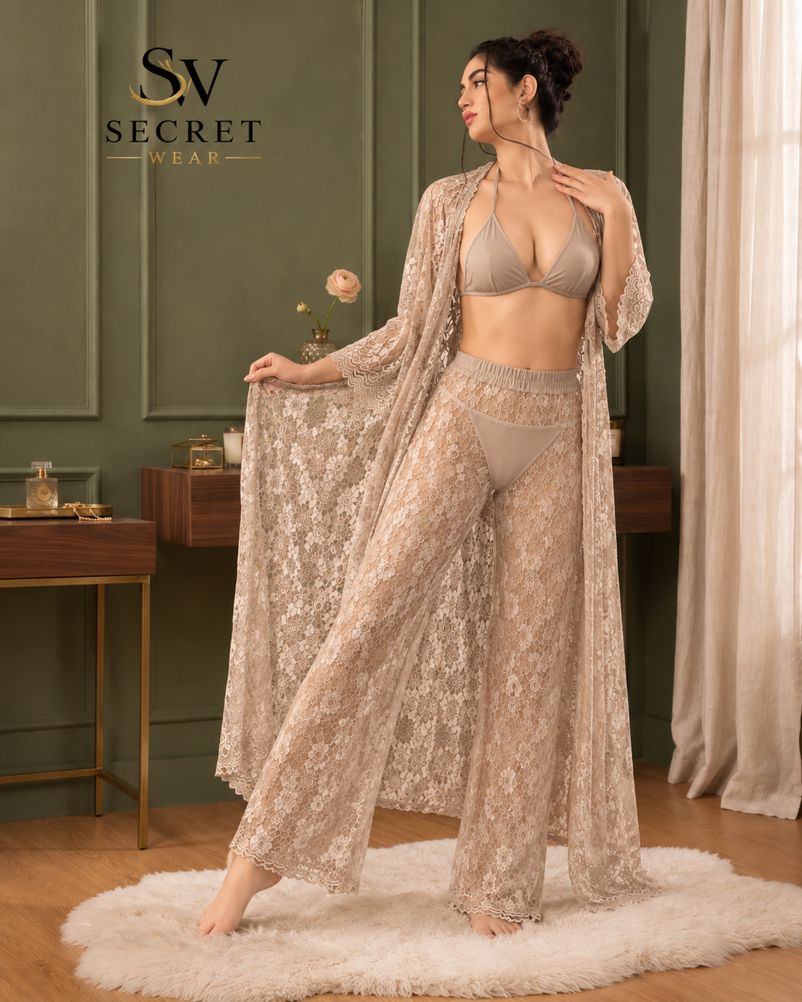 4Pcs Premium Transparent bridal lingerie set in nude sheer net and lace, with bra, briefs and long matching robe