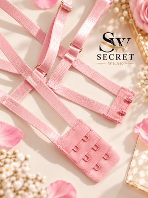 Blossom Charm Floral bra strap extender set in pink fabric, with multiple hook rows and adjustable metal sliders.