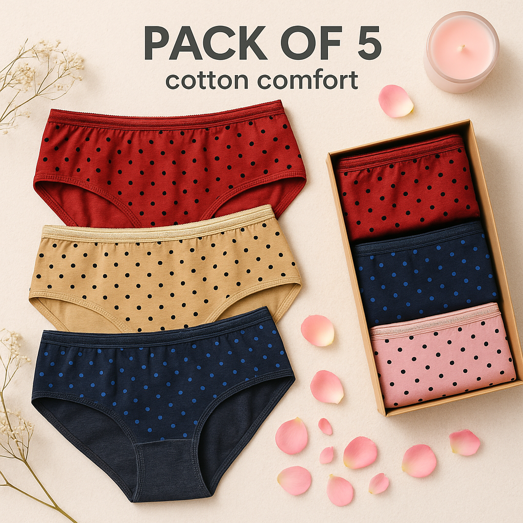 Shezaib Budget Pack Of 5 Comfortable Polka Dotted Cotton Brief Women Seamless Underwear Panties 3201