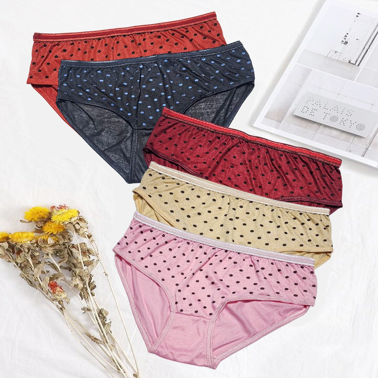 Shezaib Budget Pack Of 5 Comfortable Polka Dotted Cotton Brief Women Seamless Underwear Panties 3201