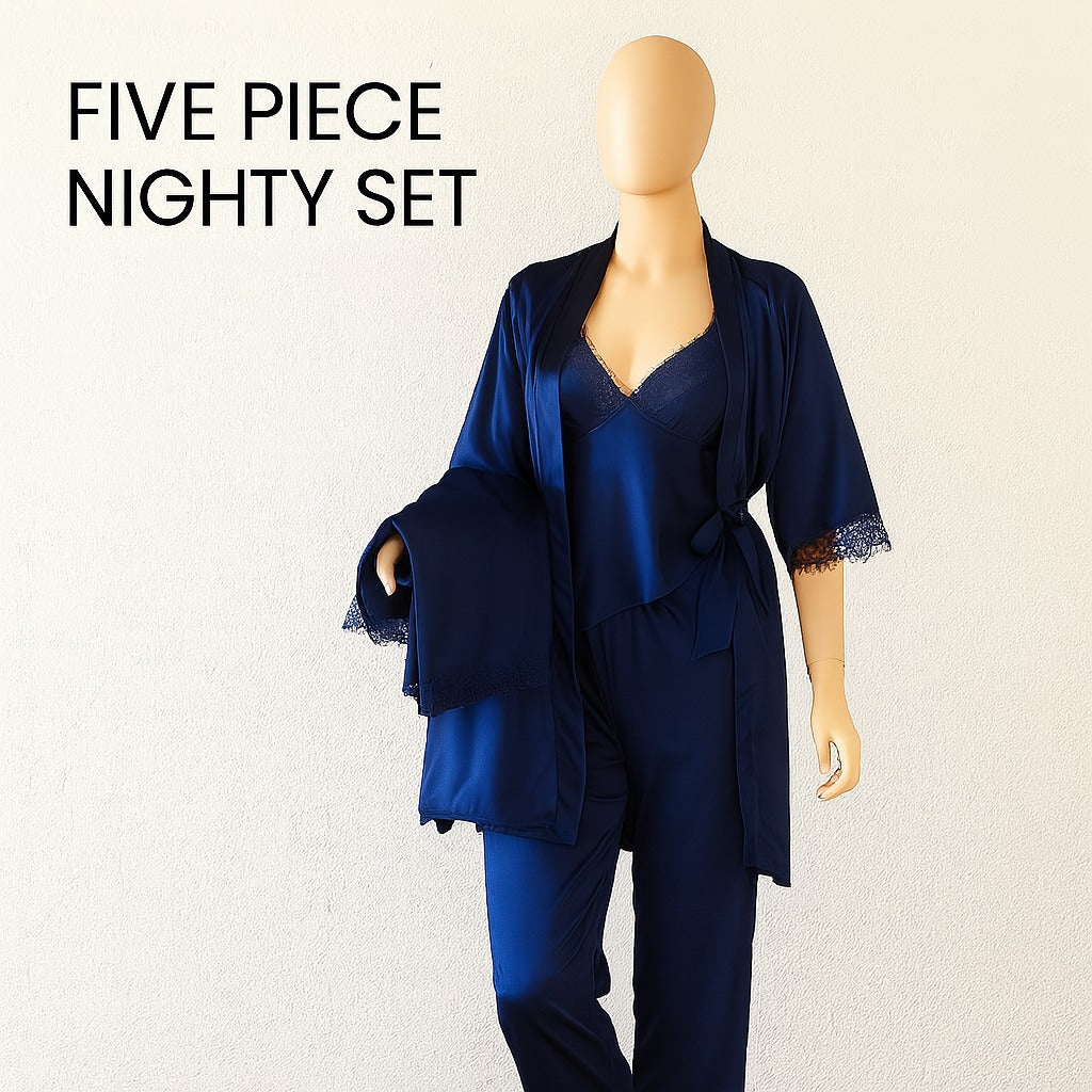 Shezaib 5 pcs Non Padded Pure Silk Pajama Set Cami Top Nightgown Sexy Sleepwear Robe Sets Lace Nightdress