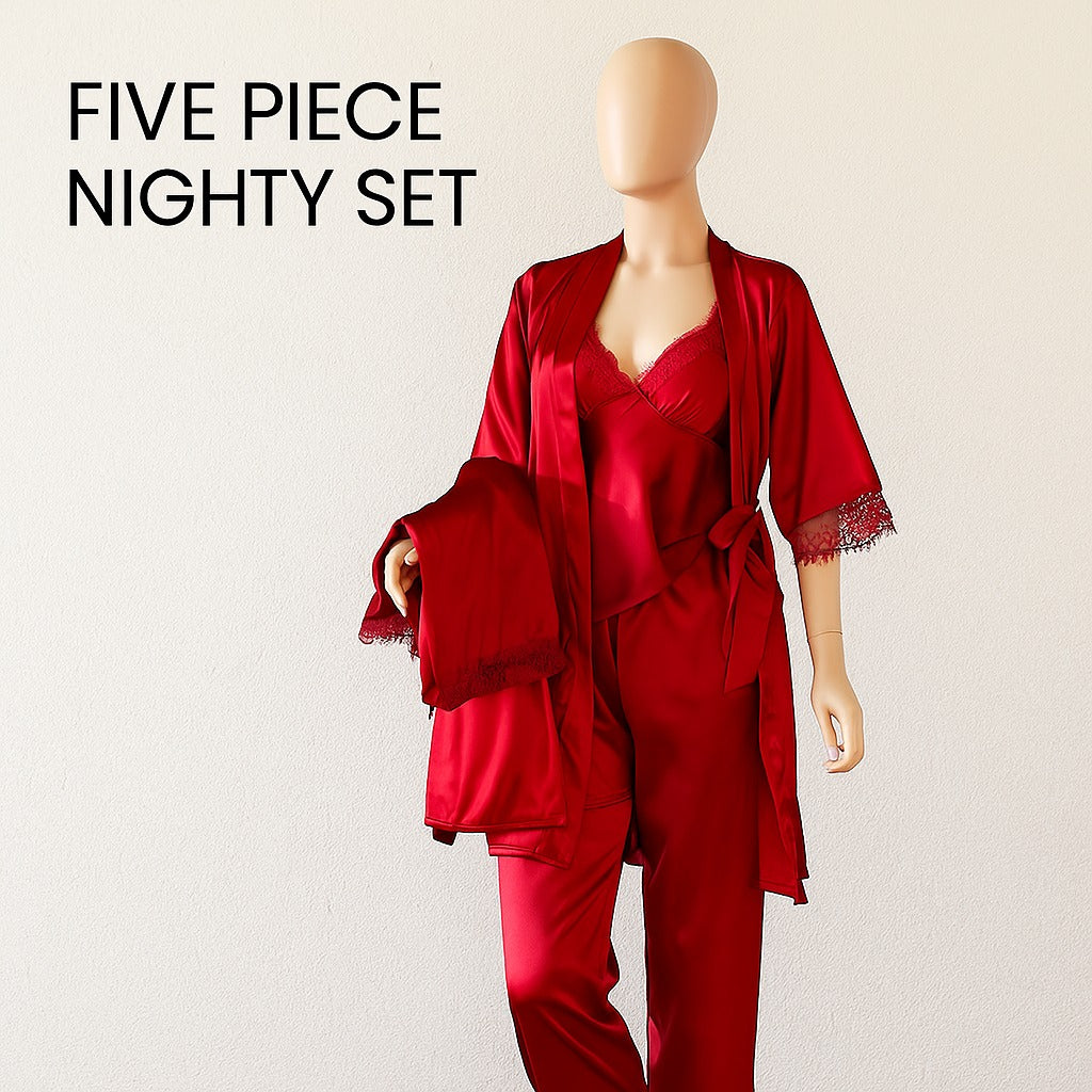 Shezaib 5 pcs Non Padded Pure Silk Pajama Set Cami Top Nightgown Sexy Sleepwear Robe Sets Lace Nightdress
