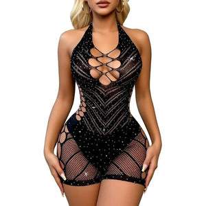 Buitifo Rhinestone Bodysuit in black sheer mesh with sparkling studs, fishnet panels, and open lattice cutouts.