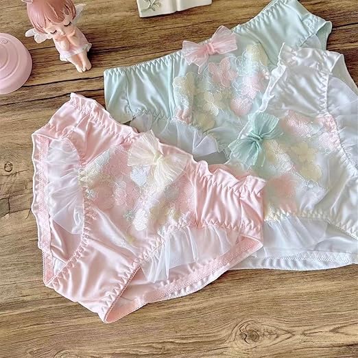 Flourish Pastel Pink Floral Embroidered Bra & Panty Set | Delicate Ruffle & Bow Design 022