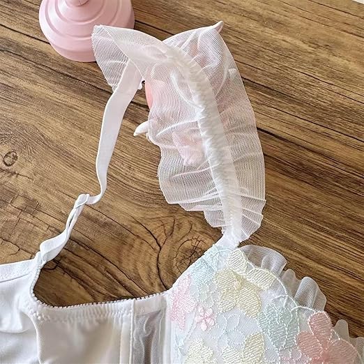 Flourish Pastel Pink Floral Embroidered Bra & Panty Set | Delicate Ruffle & Bow Design
