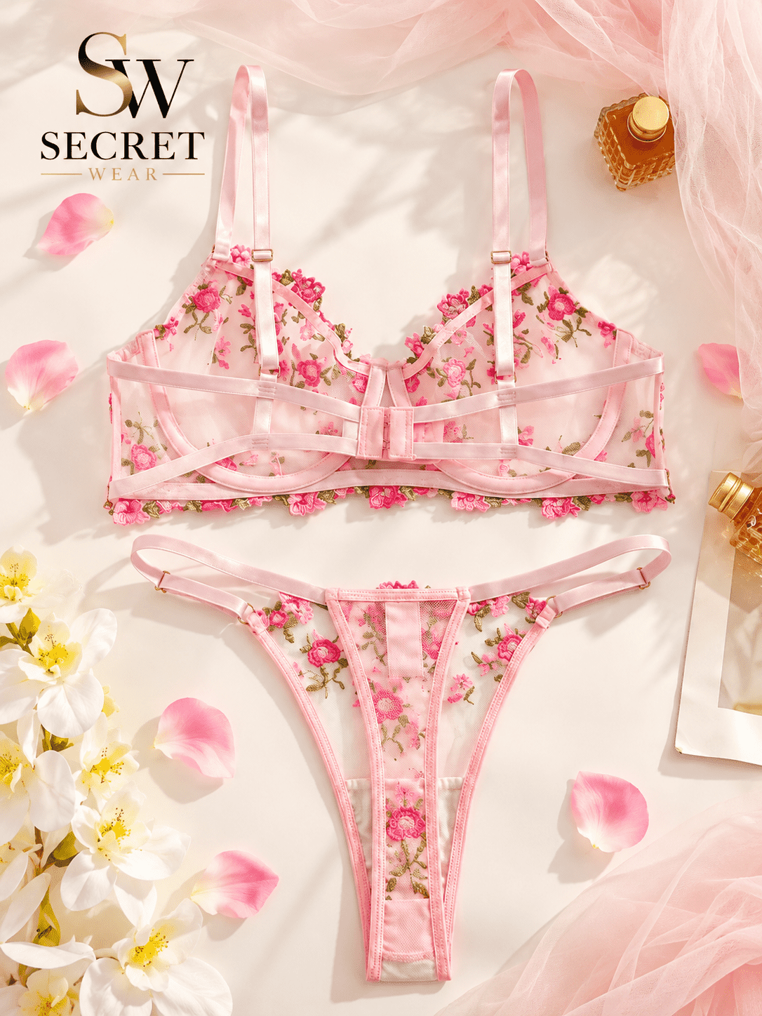 Blossom Charm Floral bra and thong set in pink floral sheer mesh with embroidered blooms, underwire cups and ribbon straps
