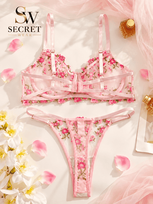 Blossom Charm Floral bra and thong set in pink floral sheer mesh with embroidered blooms, underwire cups and ribbon straps
