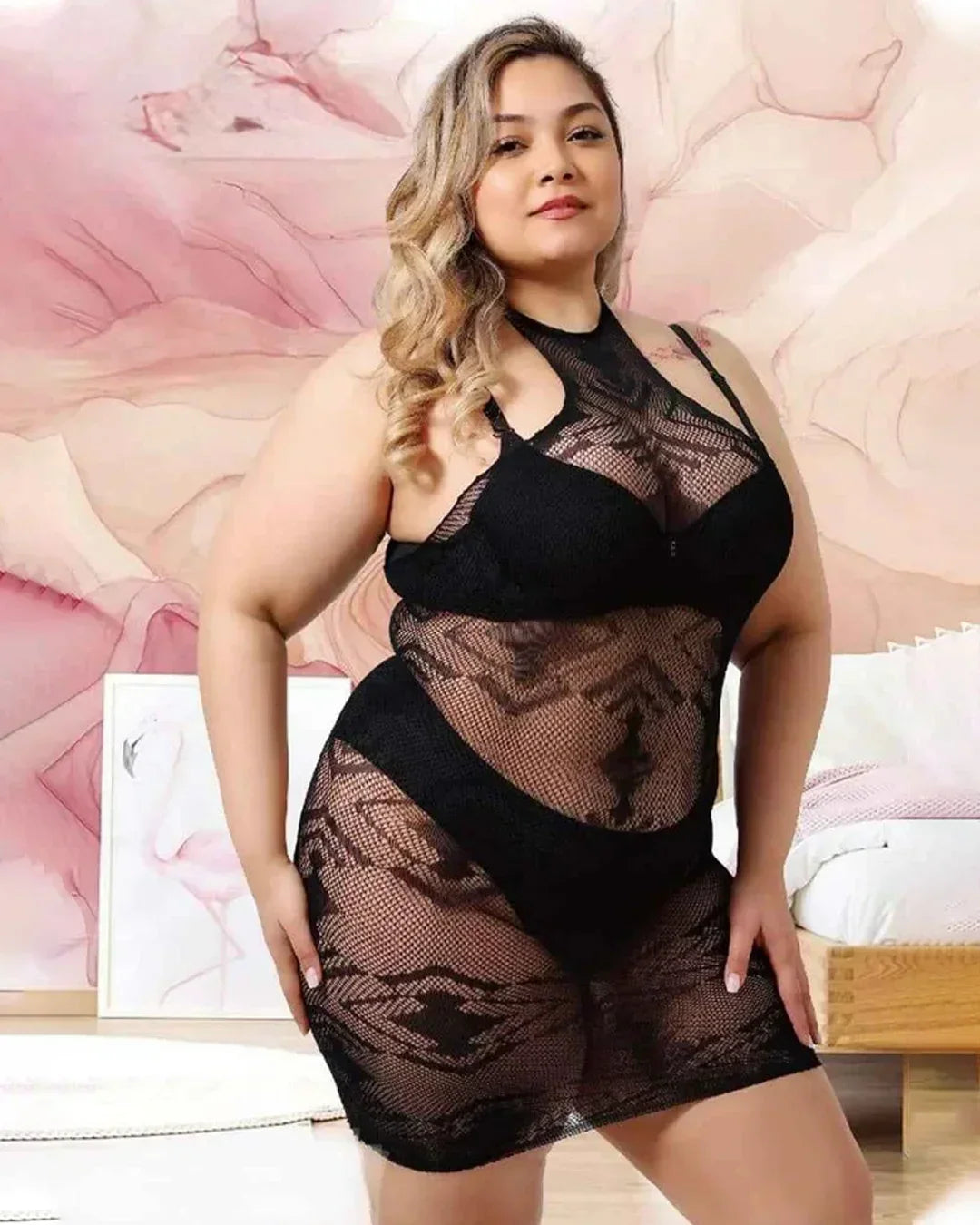 Women's Lace Mesh Mini lingerie dress in black floral lace with sheer panels, sleeveless high neck and supportive cups
