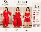 Women’s 5 Piece Nightwear Set With Robe, Camisole & Pants