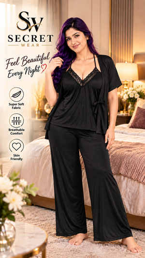 Women's Premium 3 Piece Satin Nightwear Set in black, with a lace-trim camisole, short-sleeved tie robe and wide-leg trousers.