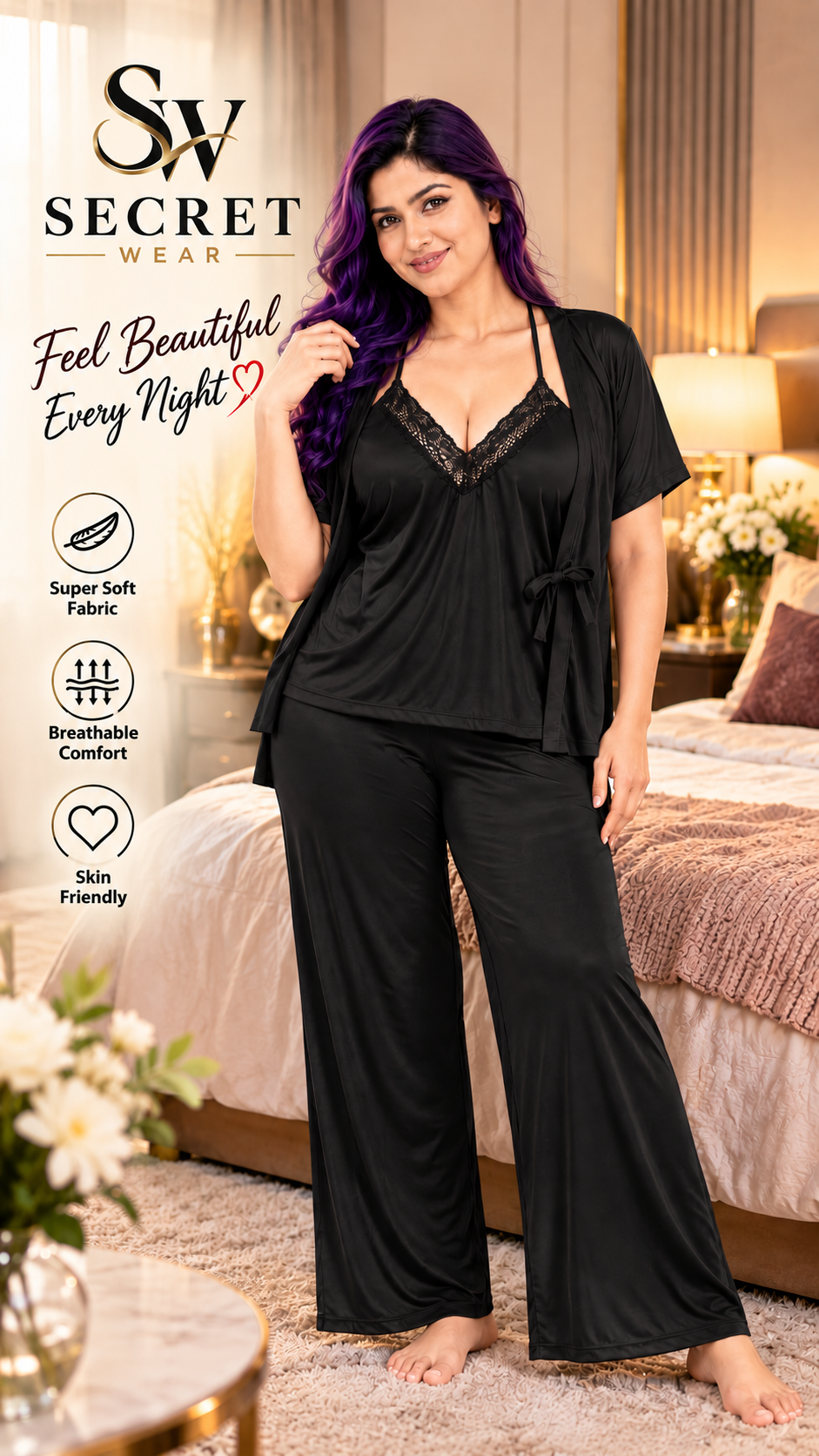 Women's Premium 3 Piece Satin Nightwear Set in black, with a lace-trim camisole, short-sleeved tie robe and wide-leg trousers.