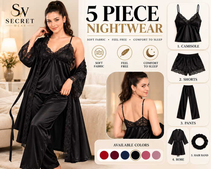 Women’s 5 Piece Nightwear Set With Robe, Camisole & Pants