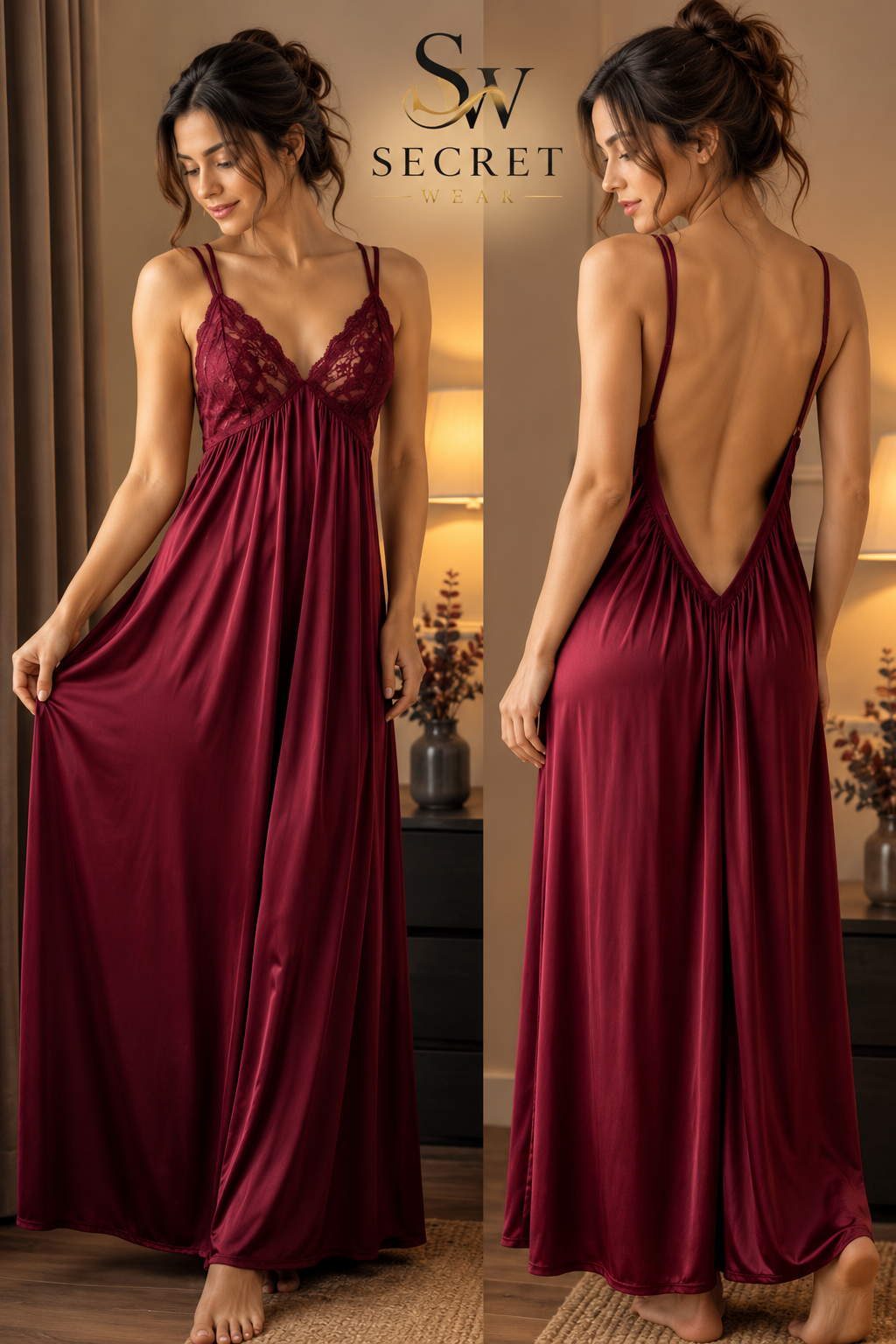 Women's Premium Satin Lace Nightgown in burgundy satin with floral lace cups, thin straps and a deep V-back in maxi length.