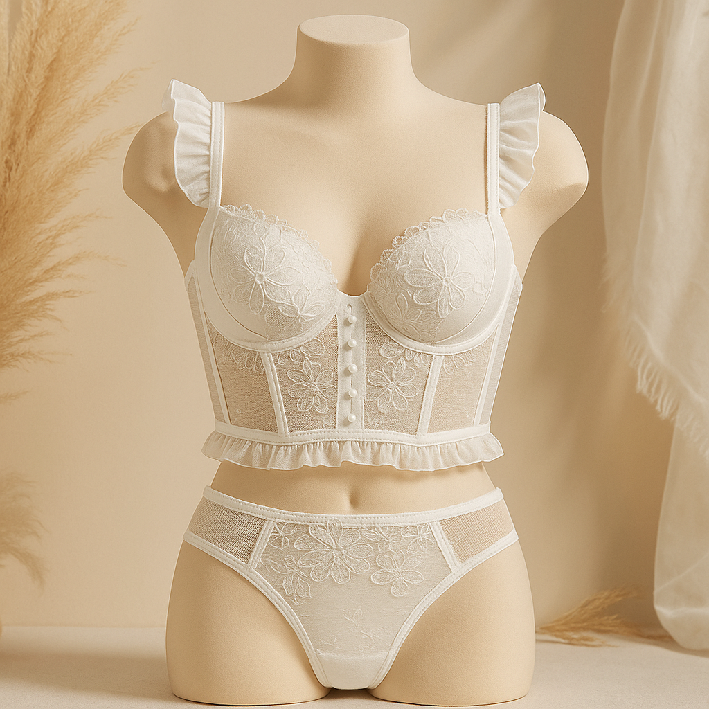 Flourish Luxury Lace Corset Bra & Panty Set | Lightly Padded Underwired Cups with Elegant Floral Detailing 250