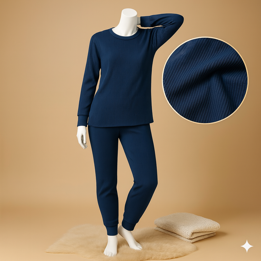 Women’s Winter Full-Sleeve Top with Matching Bottom – Warm Ribbed Cotton 2-Piece Thermal Set