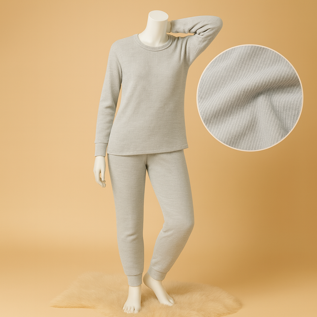 Women’s Winter Full-Sleeve Top with Matching Bottom – Warm Ribbed Cotton 2-Piece Thermal Set