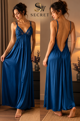 Women's Premium Satin Lace Nightgown in deep blue satin, with floral lace cups, thin straps and a low V-back.