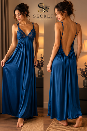Women's Premium Satin Lace Nightgown in deep blue satin, with floral lace cups, thin straps and a low V-back.