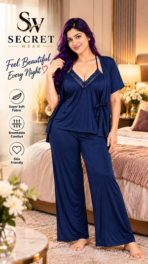 Women's Premium 3 Piece Satin Nightwear Set in navy blue, featuring lace-trim camisole, short-sleeve robe and wide-leg trousers.