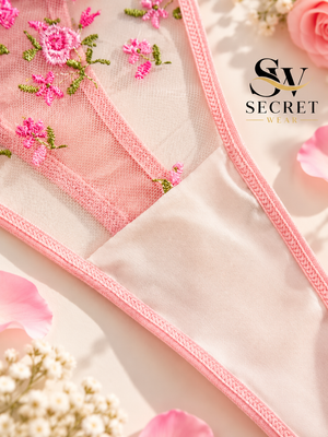 Blossom Charm Floral panty in sheer nude mesh, with pink edging and vibrant pink floral embroidery with green accents