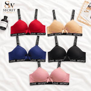 Love Secret Padded Bra in red, beige, blue, black and pink, with smooth cups, satin bows and printed straps and bands.