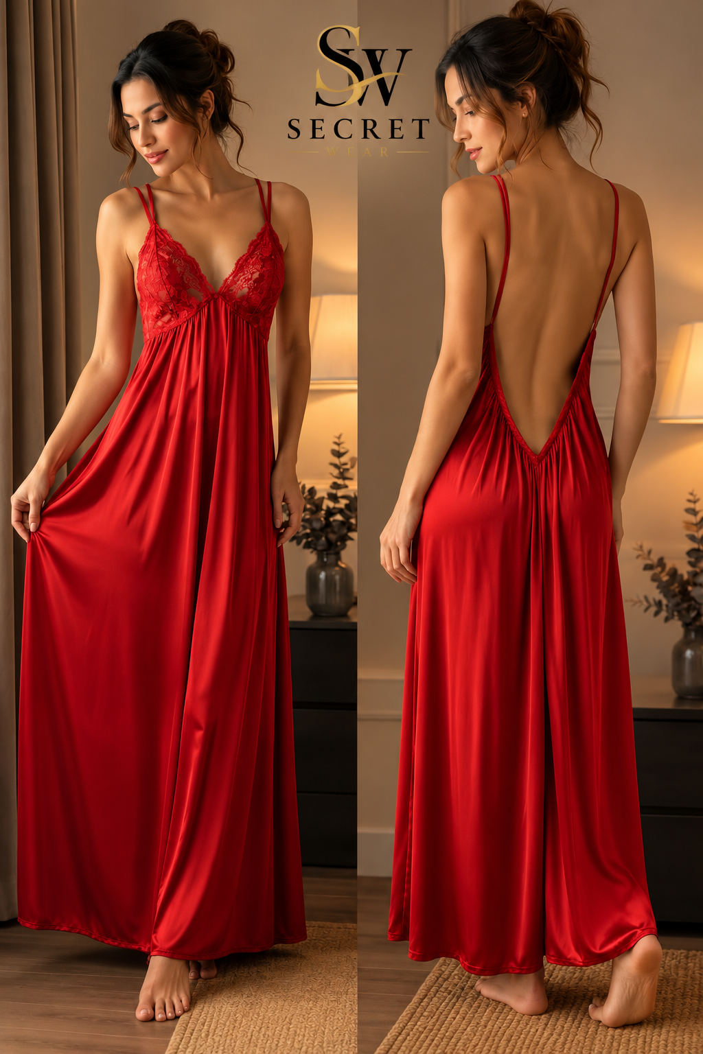 Women's Premium Satin Lace Nightgown in glossy red satin, with floral lace cups, thin straps and a deep V-back.
