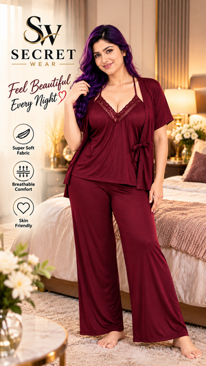 Women's Premium 3 Piece Satin Nightwear Set in deep maroon satin, with lace-trim camisole, wide-leg trousers and tie robe.